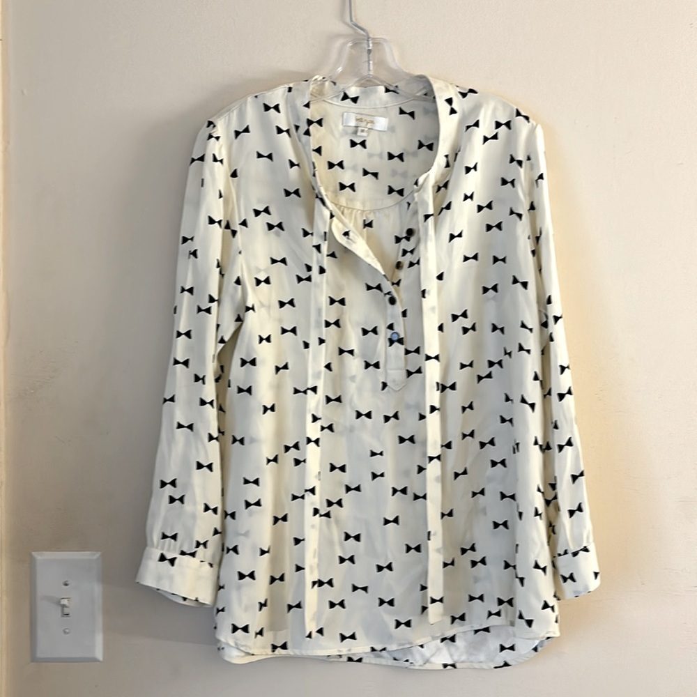 Britt Ryan Bow Print Tie Front Silk Long Sleeve Blouse Size M